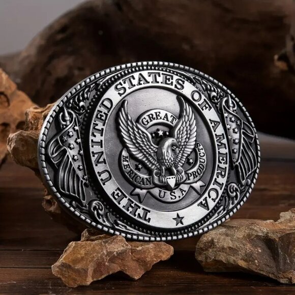 Other - United States of America Bald Eagle Belt Buckle,‎ Flag, USA, Antique Silver Tone